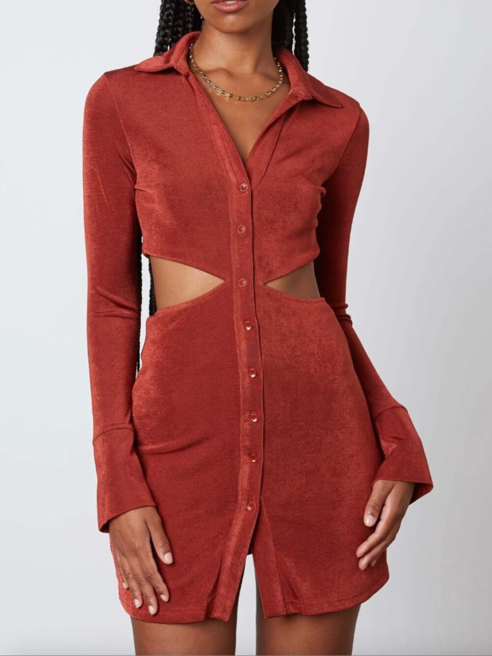 VESTIQUE Burgundy Button-Front Cutout Long Sleeve Mini Dress Sz M